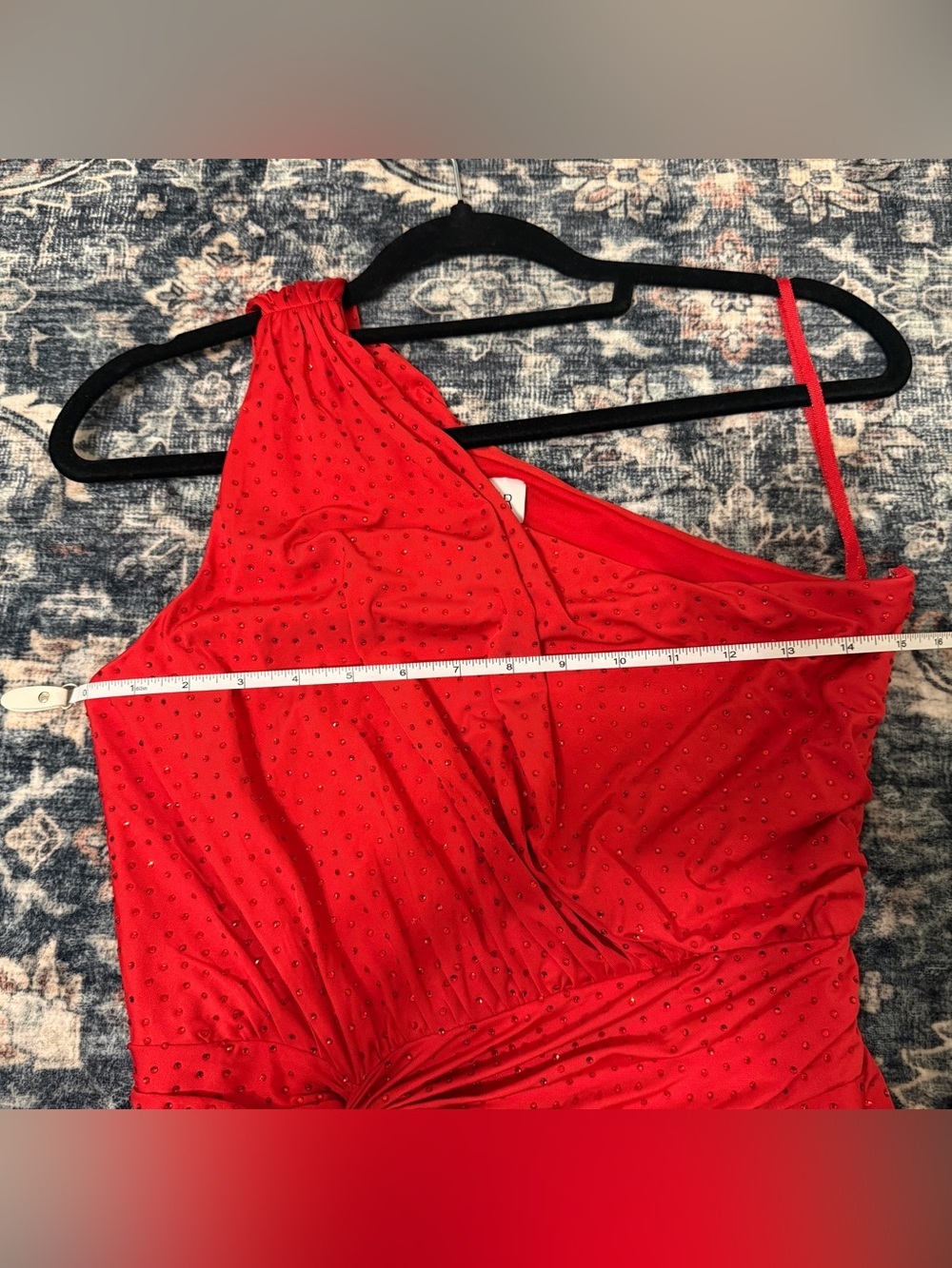 🦋Saylor| Red Rhinestone One Shoulder Ruched Bodycon Party Mini Dress M - Picture 8 of 9